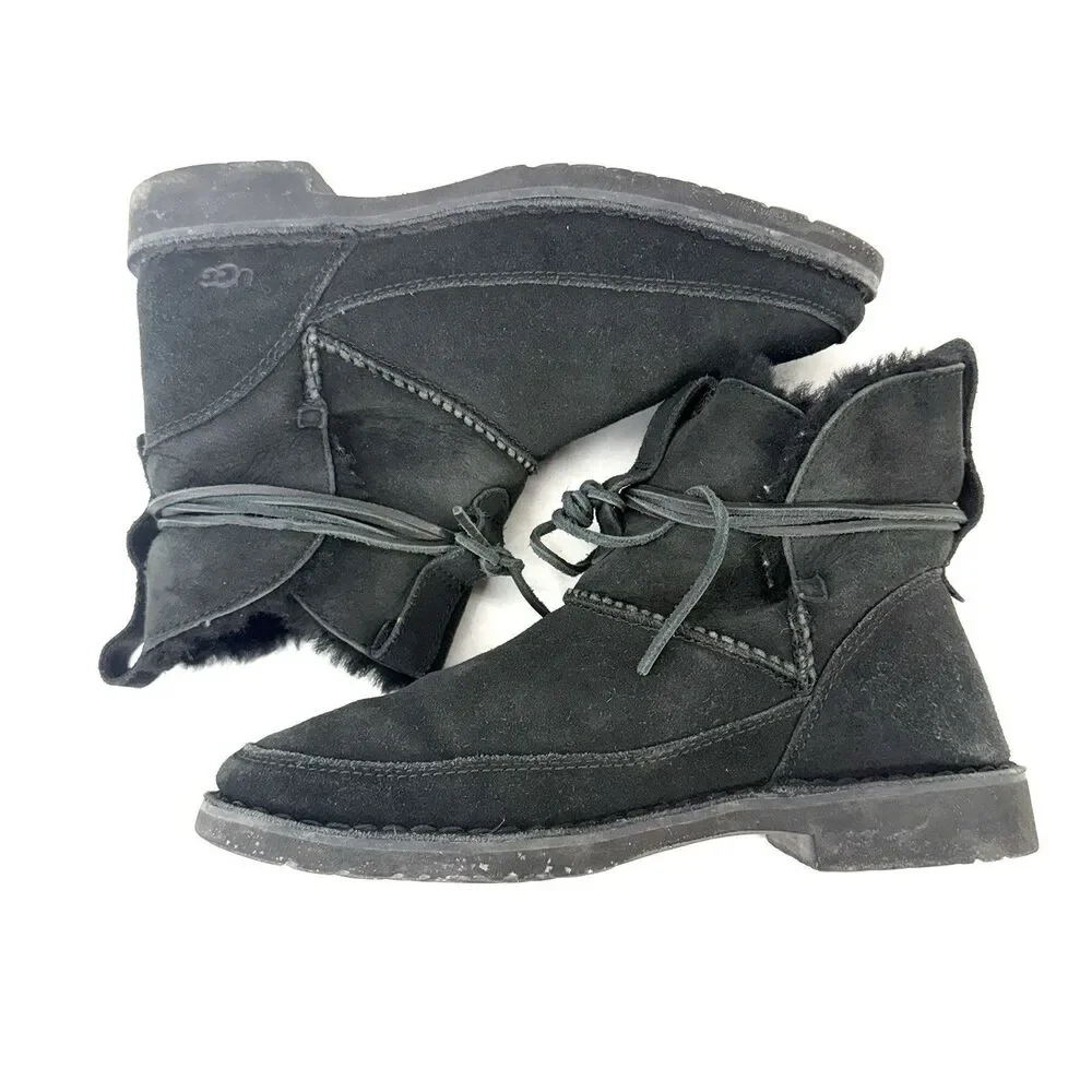 UGG Boots Womens 8 Esther Classic Shearling Winter Bootie 1103809 Black Suede